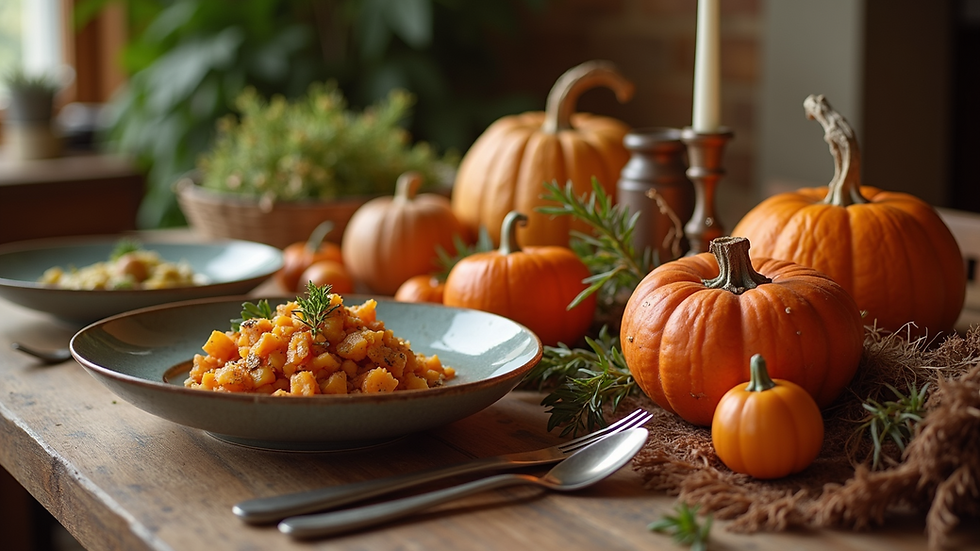 Close-up view of a rustic table set with seasonal autumn vegetables