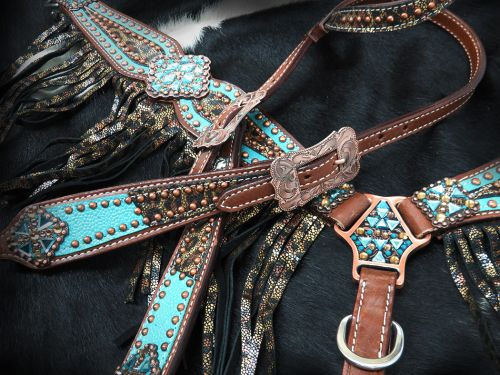 Thumbnail: Showman Bejeweled Metallic HS & BC Set w/Leopard Print Fringe