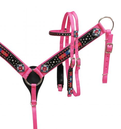 Showman Pony Pink Nylon Headstall Set w/Beaded Inlay