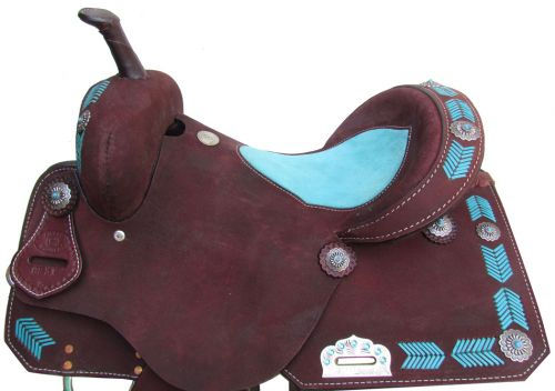 Thumbnail: Circle S Barrel Style Saddle with Turquoise Leather Laced Arrow Trim