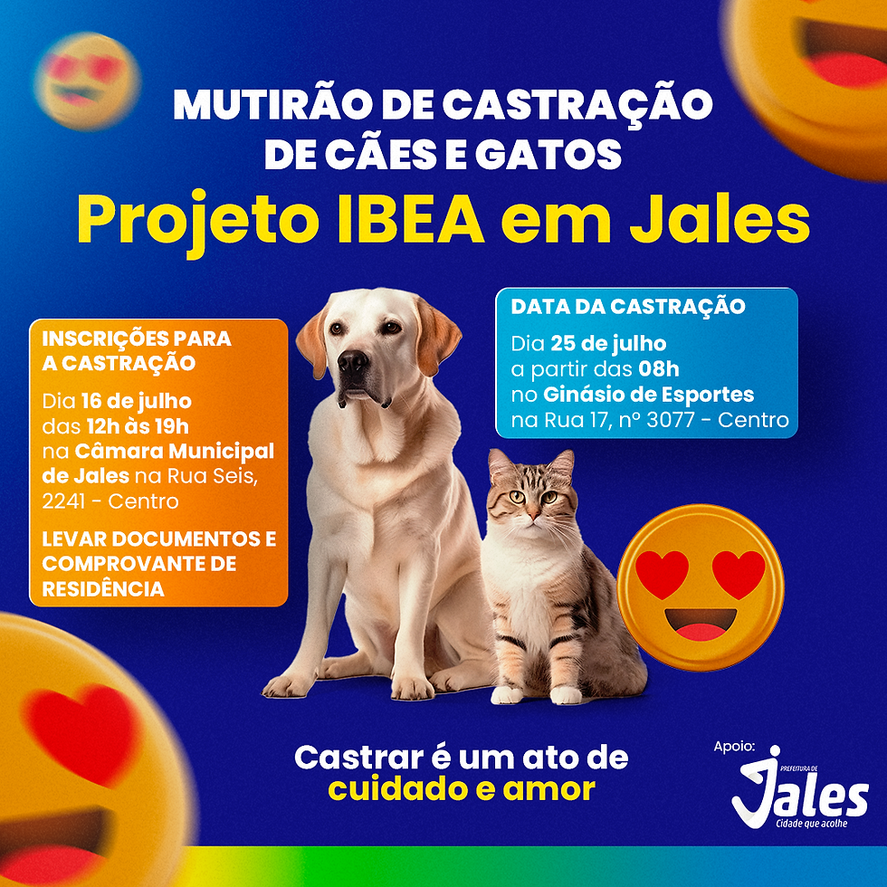 Mutirão de Castração atenderá 300 cães e gatos em Jales. Agendamento será no dia 16 de julho, esta quinta-feira