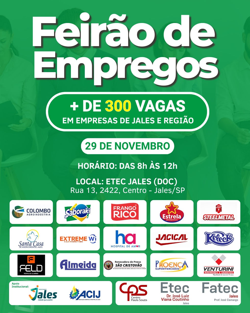 Feirão de Empregos oferecerá mais de 300 vagas em empresas de Jales e região no dia 29 de novembro