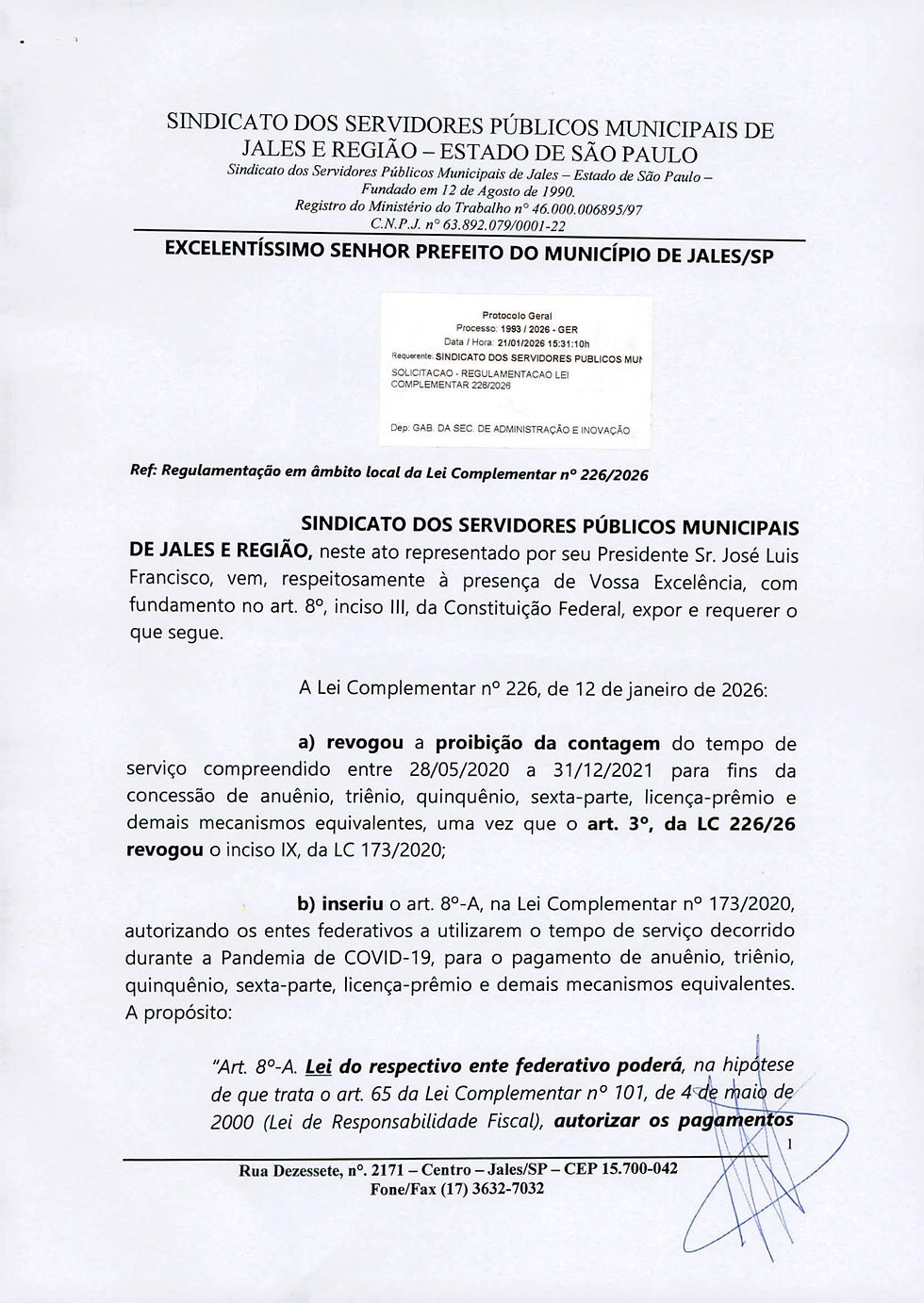 Sindicato protocola requerimentos na Prefeitura de Jales e nas extensões de base em defesa dos direitos dos servidores