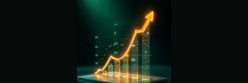 Um tablet digital futurista exibindo um gráfico ascendente com barras amarelas brilhantes e uma seta para cima, em um fundo e