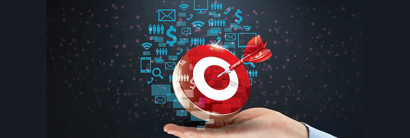 Uma mão aberta segurando um alvo vermelho e branco com um dardo cravado no centro, cercada por ícones digitais flutuantes, in