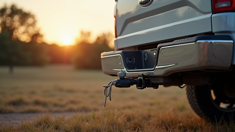 Close-up view of a travel trailer hitch connected to a pickup truck