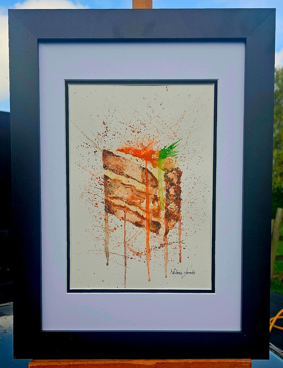 An original watercolour of a delicious Carrott Cake with glossy icing and dripping with deliciousnes perfect art for a cafe o
