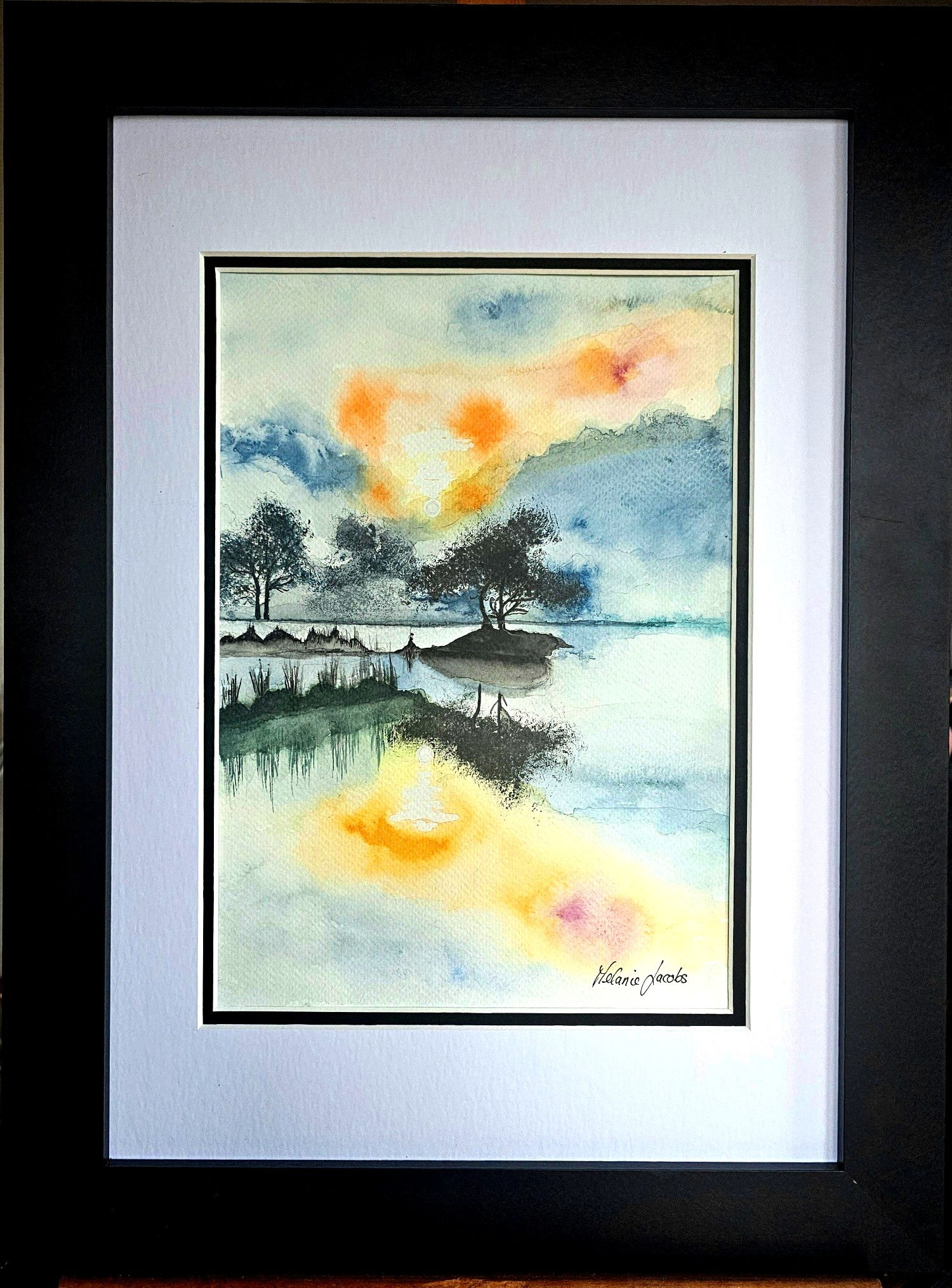 Original landscape watercolour of water and trees and a beautiful sunset supplied framed