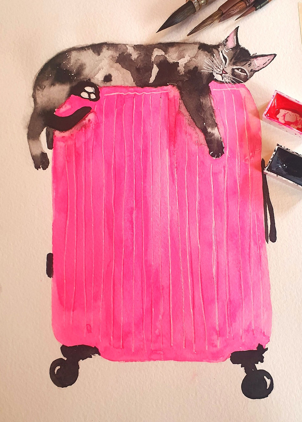 Watercolour painting of a cat sleeping on a bright pink suitcase. guarding it on a white background