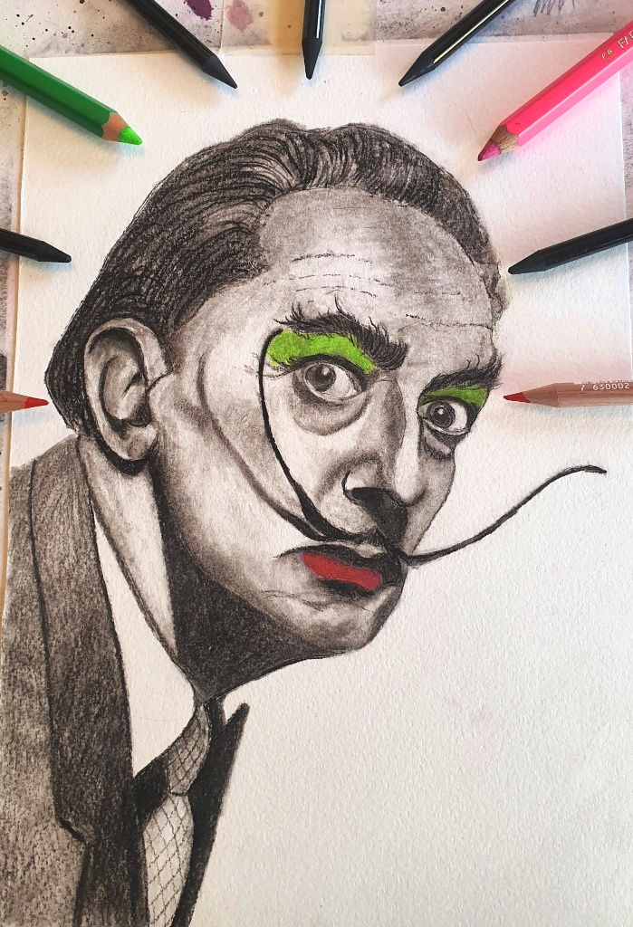 original coloured pencil drawing of Salvador Dali in pop art colours black white red and green