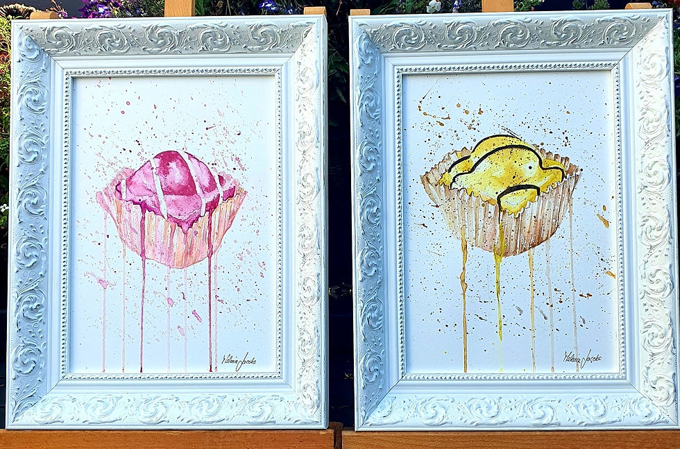 Thumbnail: Original watercolour painting of a Pink French Fancy cake if sugared pink colours on a white background very realistic