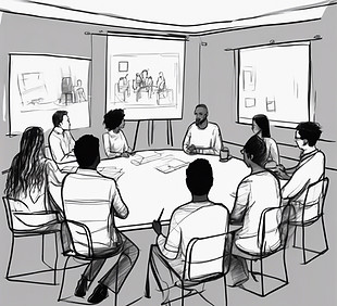 create a hand drawn black and white sketch of people sitting around in a room and one pers