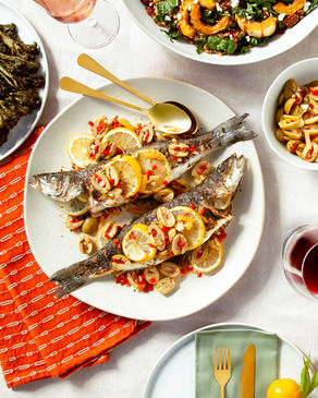 Crispy Grilled Branzino with Olive Salad