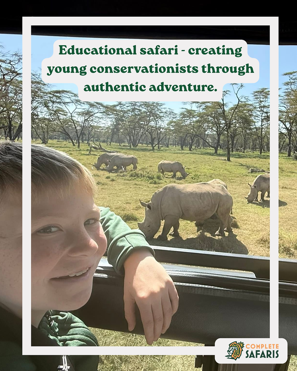 Photo of 10 year old looking at rhinos from safari vehicle, and quote overlaid which reads:  educational safari - creating young conservationists through authentic adventure.
