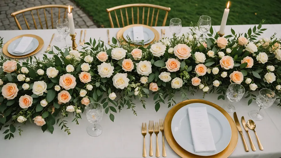 High angle view of a beautifully styled outdoor bridal table with delicate floral arrangements