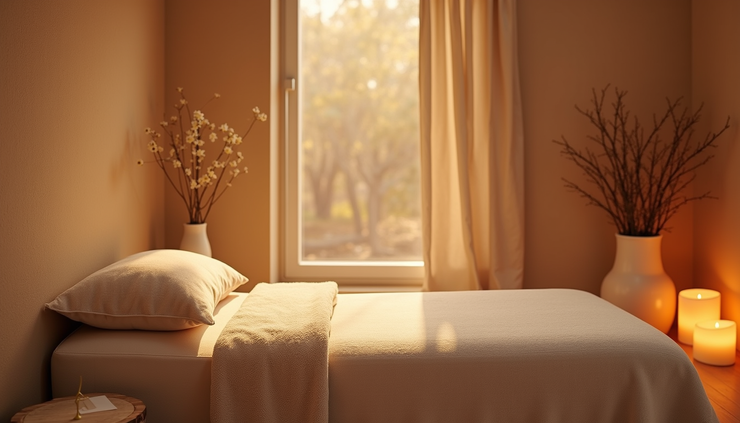 Eye-level view of a peaceful healing room with soft lighting and comfortable cushions