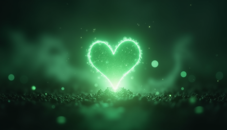 Eye-level view of a glowing green heart chakra symbol surrounded by soft light