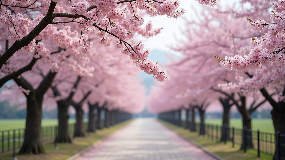 Wide angle view of cherry blossom trees in full bloom at a Japanese park