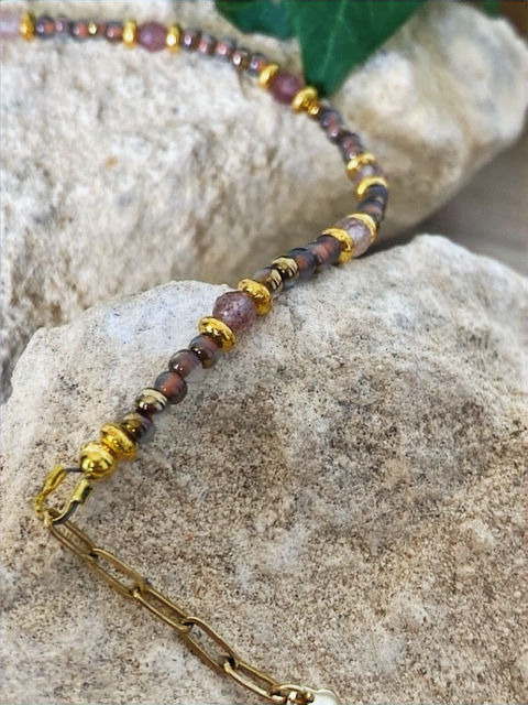 Thumbnail: Strawberry Quartz and Czech Glass Seed Bead Bracelet