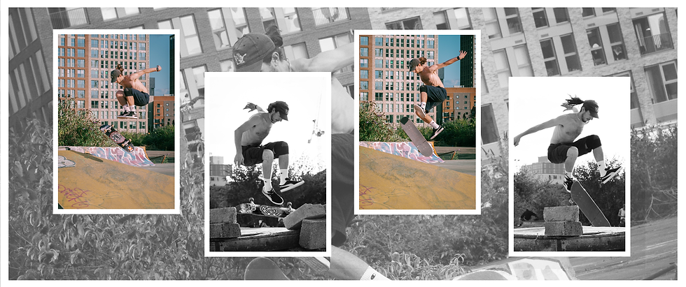 Photo collage of a skateboarder performing tricks at a hidden DIY skatepark in Manchester, with colour and black and white action shots layered over a faded background image.
