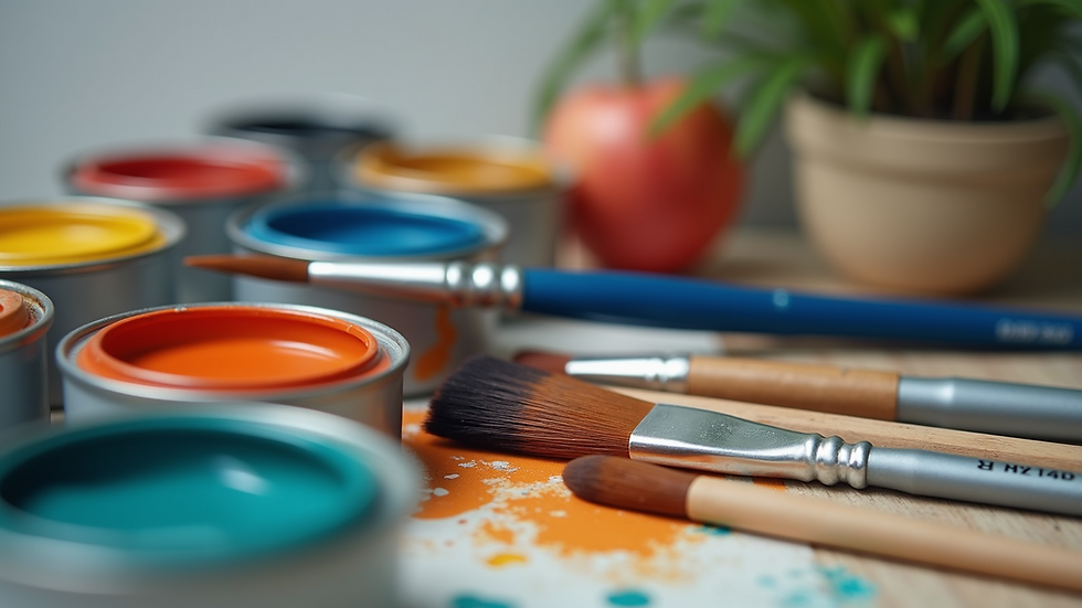 Close-up view of quality paint supplies including brushes and paint cans
