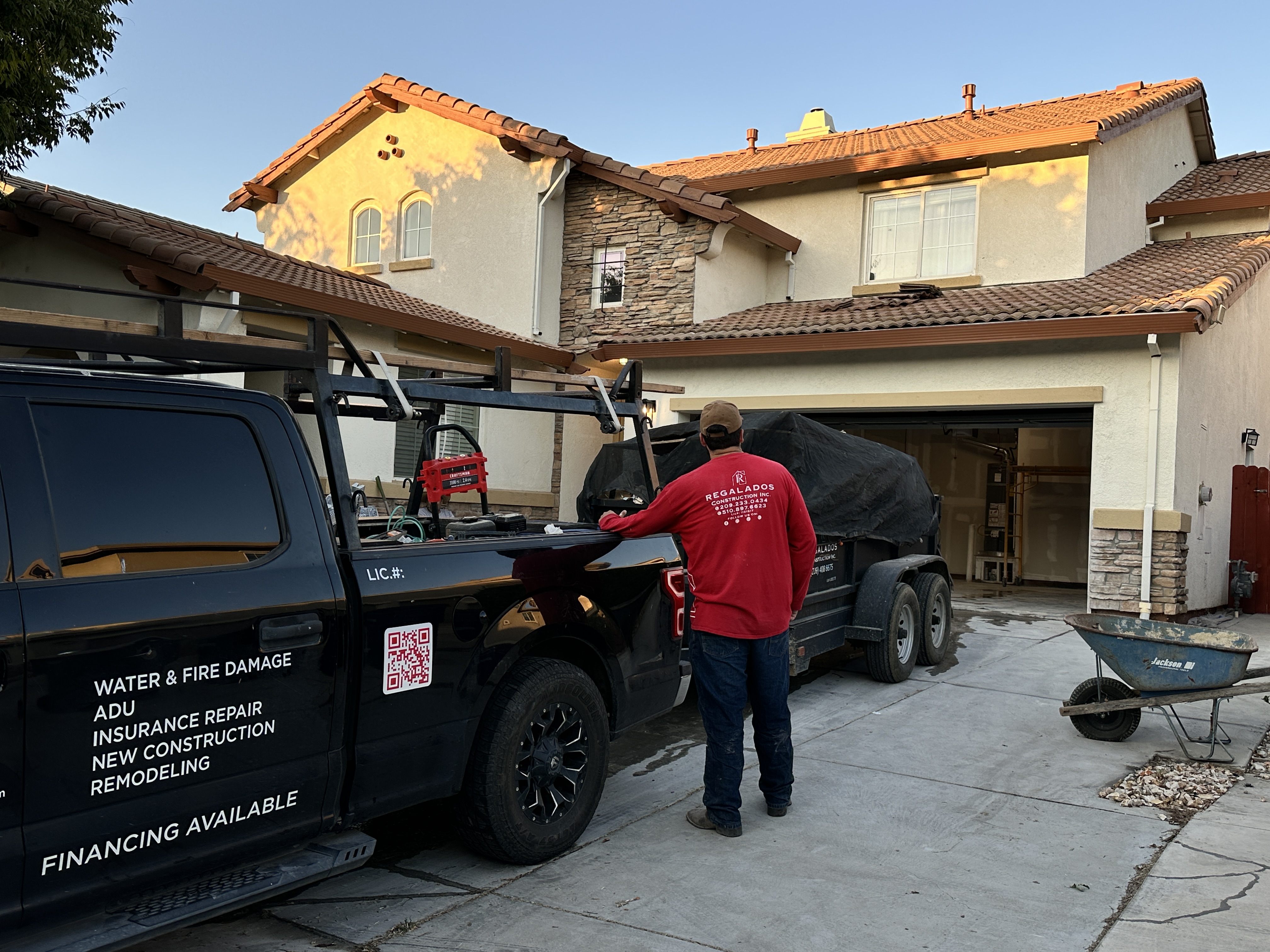Fire-damaged garage exterior