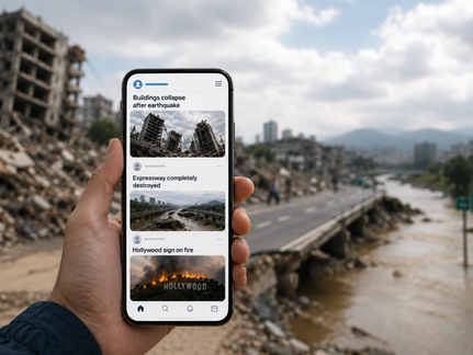 a phone showing deepfake images instead of accurate information about a natural disasters