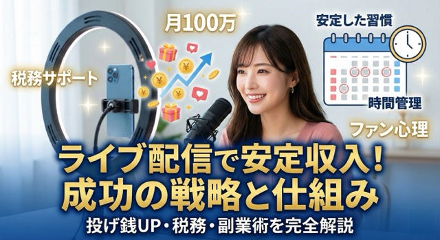 ライブ配信で安定収入を得るための戦略と仕組みを解説したブログ記事のサムネイル。マイクとリングライトを使って配信する笑顔の女性のイラストに、「投げ銭UP・税務・副業術・月100万」などの重要キーワードが配置されている。