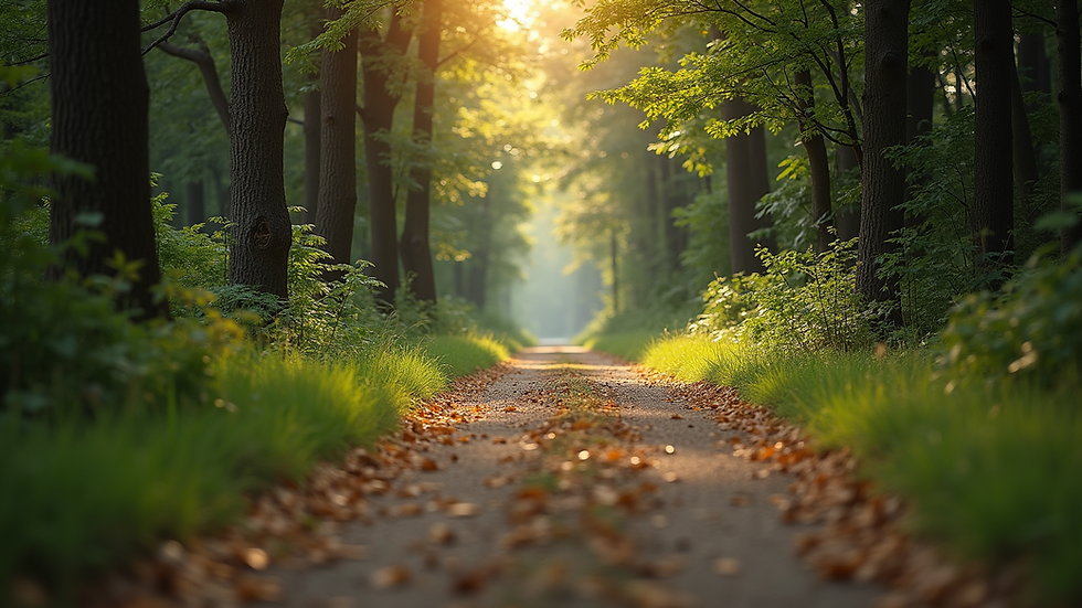 Eye-level view of a serene nature path surrounded by trees
