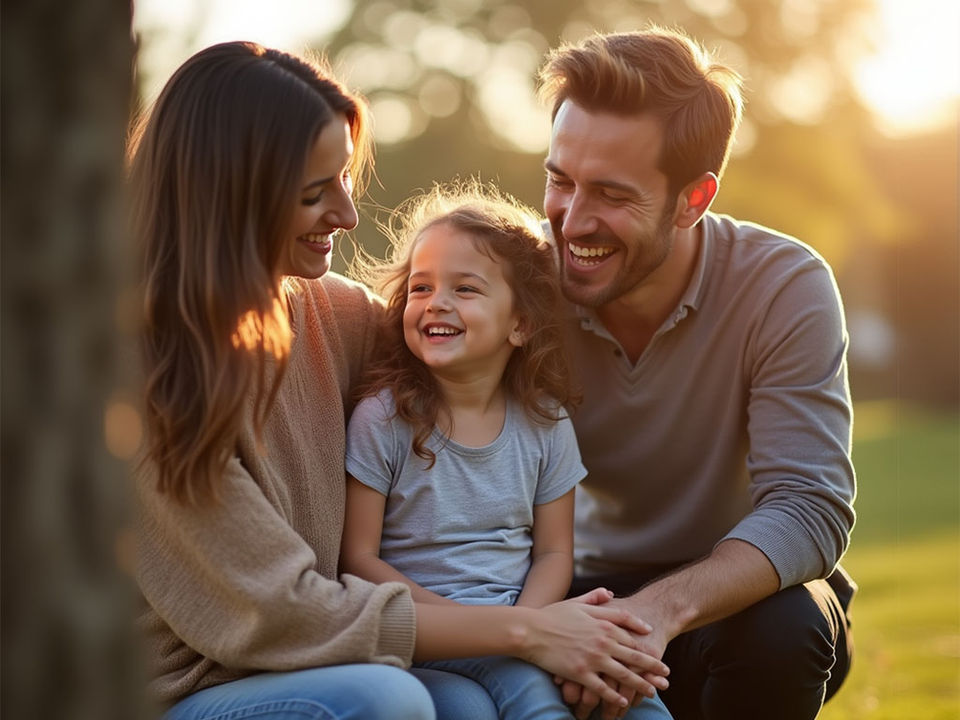 Parents laughing with their young daughter during an outdoor family mini session in London.