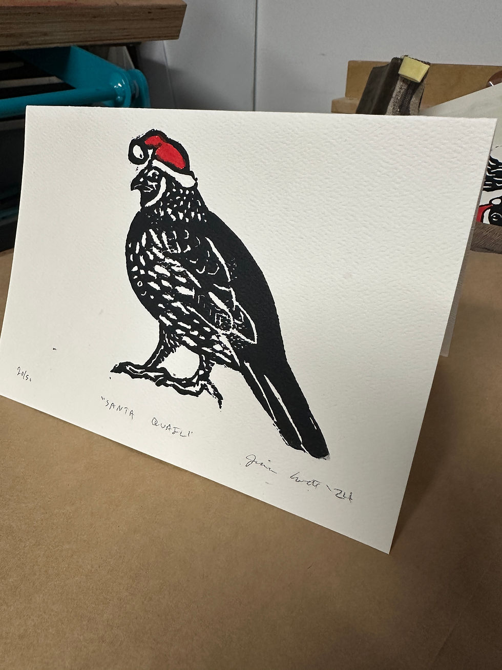 Thumbnail: Santa Quail Linocut Card