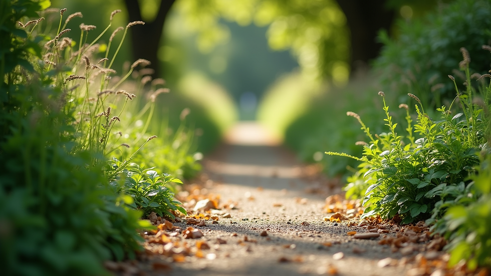 Close-up view of a peaceful garden path surrounded by greenery