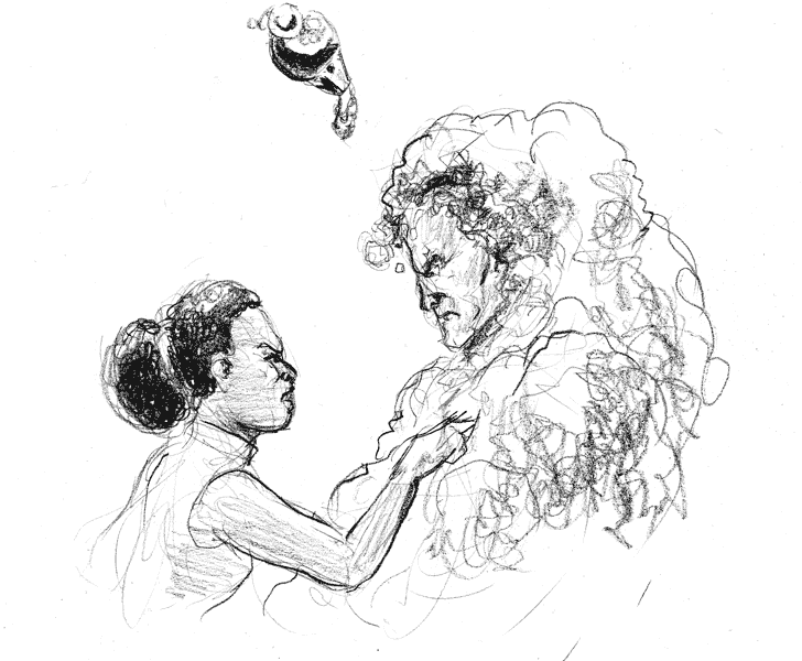 Scene from the Okal Rel Universe. Illustrated by Richard Bartrop. Ann of Rire lectures an indignant Sevolite stuck in restraining form.