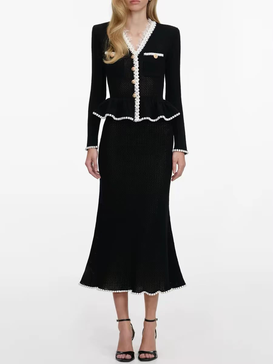 Black Lace Insert Peplum Knit Midi Dress