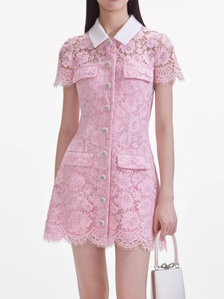 Pink Lace Contrast Collared Mini Dress