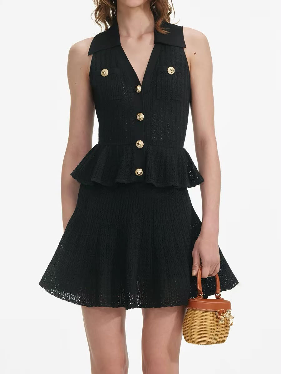 Black Pointelle Knit Mini Dress