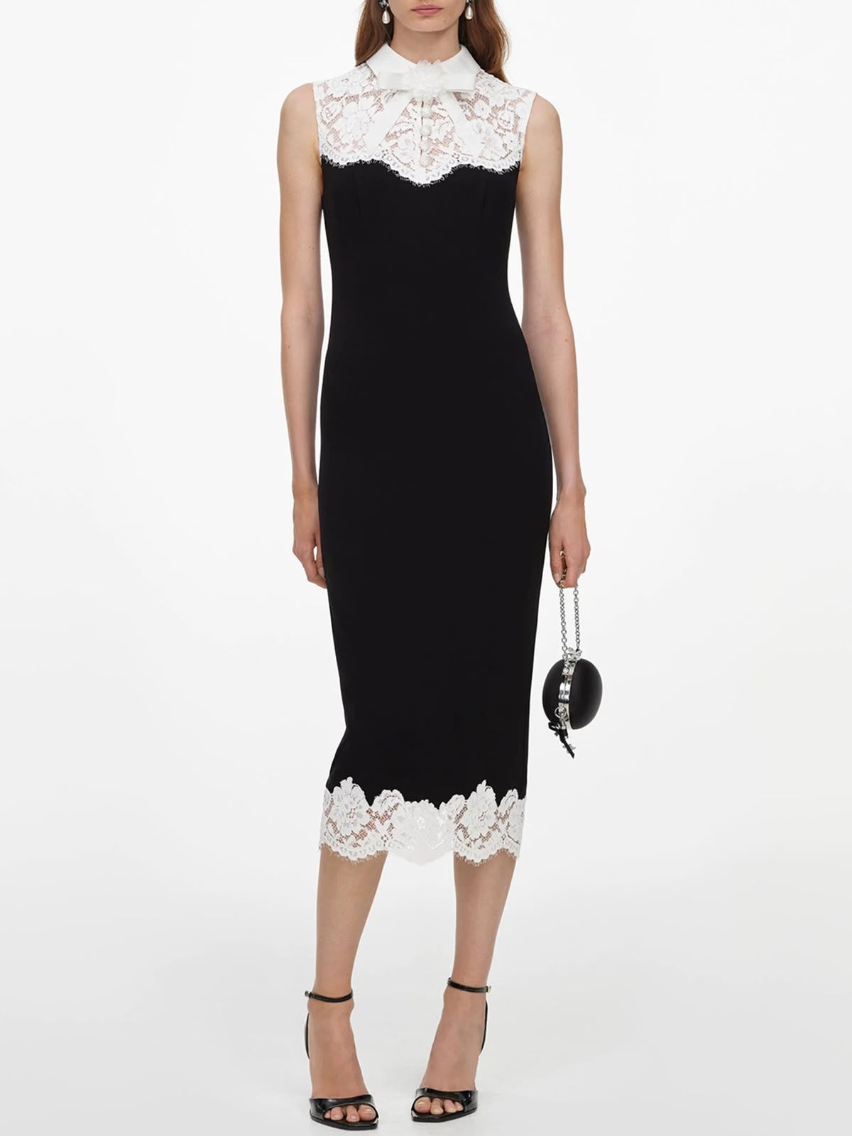 Black Contrast Lace Bodice Midi Dress
