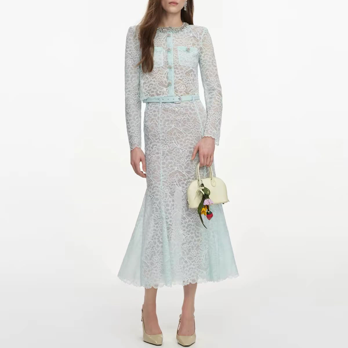 Mint Lace Crystal Embellished Set