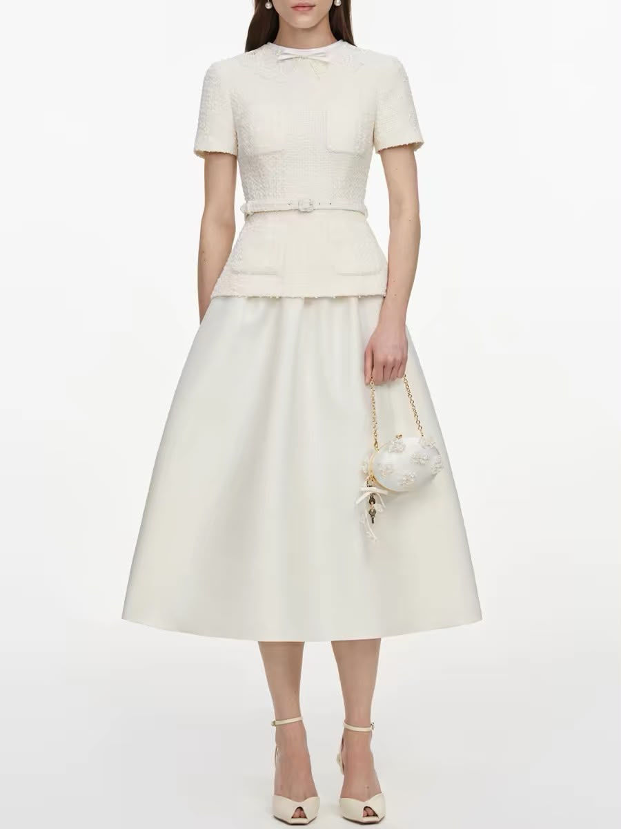 Cream Boucle Taffeta Midi Dress