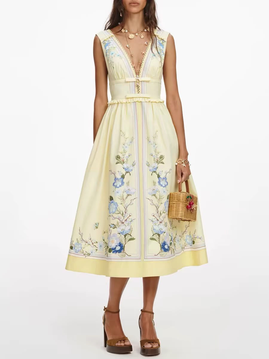 Yellow Floral Cotton Midi Dress