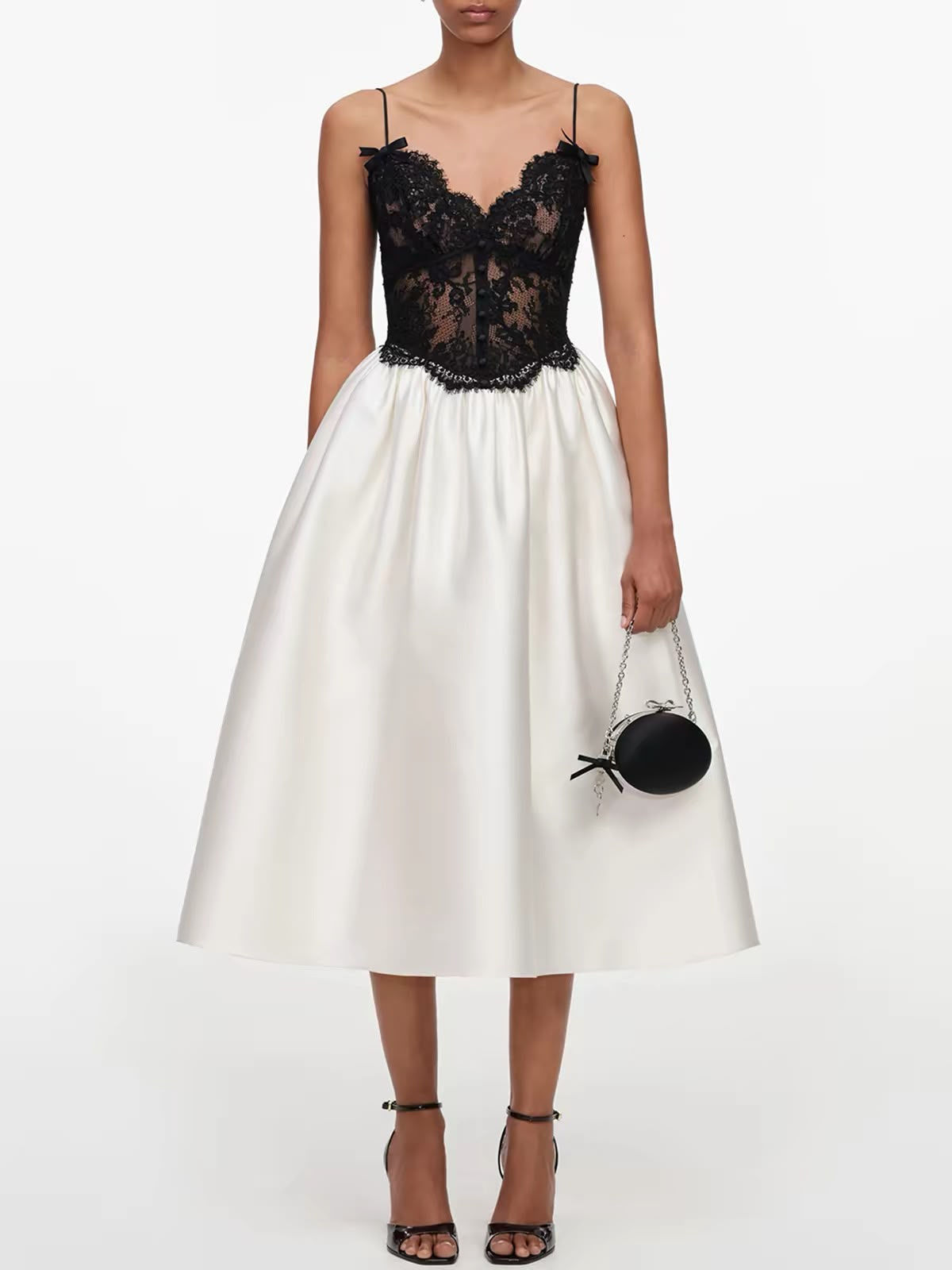 Cream Taffeta Contrast Lace Midi Dress