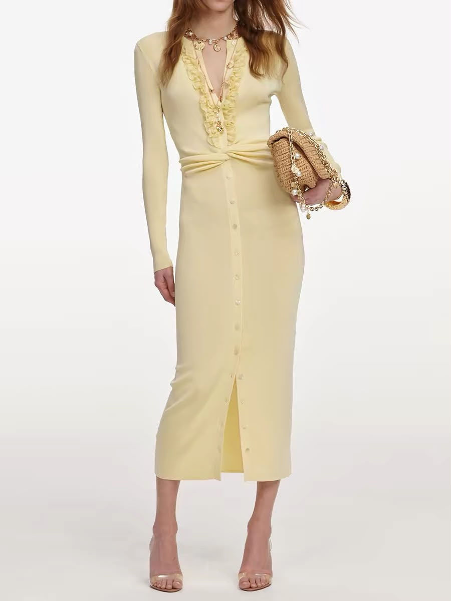 Yellow Viscose Knit Ruffle Midi Dress