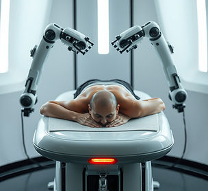 A human laying face down on a futuristic looking table being massaged by two robot arms co