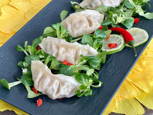 Gemüse Gyoza auf süß-saurem Vogerl-Salat ❤️