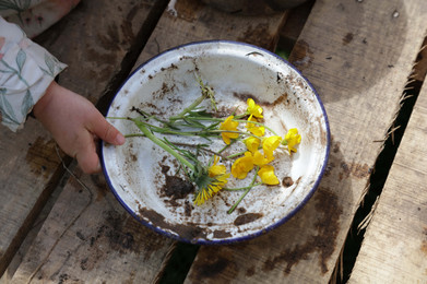 mud kitchen enamel bowl with mud, buttercups and a dandelion