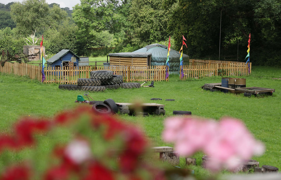 Peaceful field with a green yurt and blue shed. Tyres and colourful flags on poles. Green grass and vibrant flowers in the foreground.