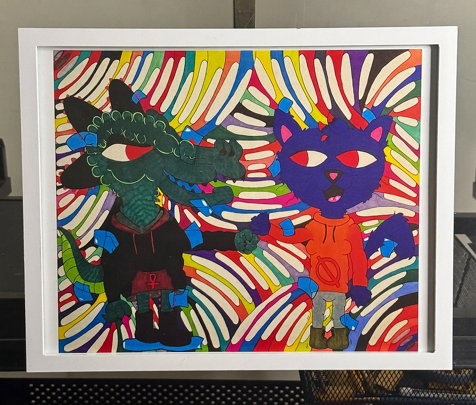 Mixed media cartoonist artwork of two characters in a frame