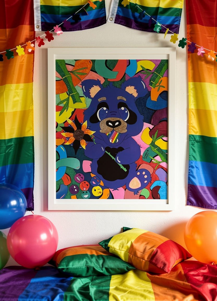 Emoji bear print framed on a wall with pride flags