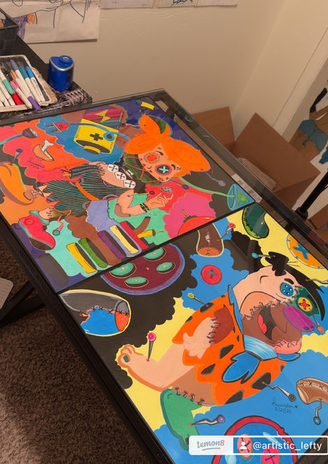 A side-by-side picture of the Original Wilma Drawing with Fred Voodoo Flintstone