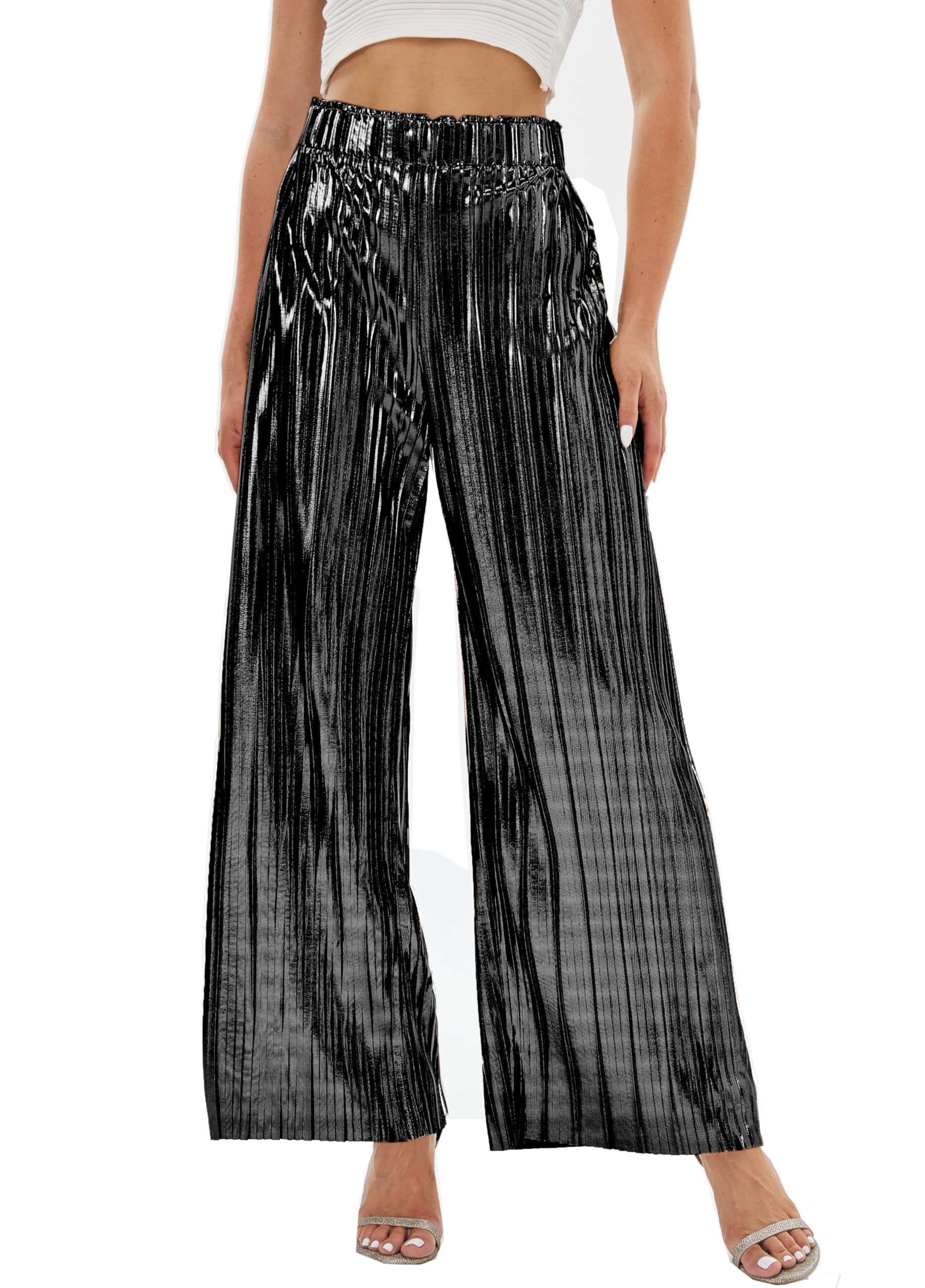 zsangbee Womens Metallic Sparkle Wide Leg Sequin Shiny Pants Party Club Casual S